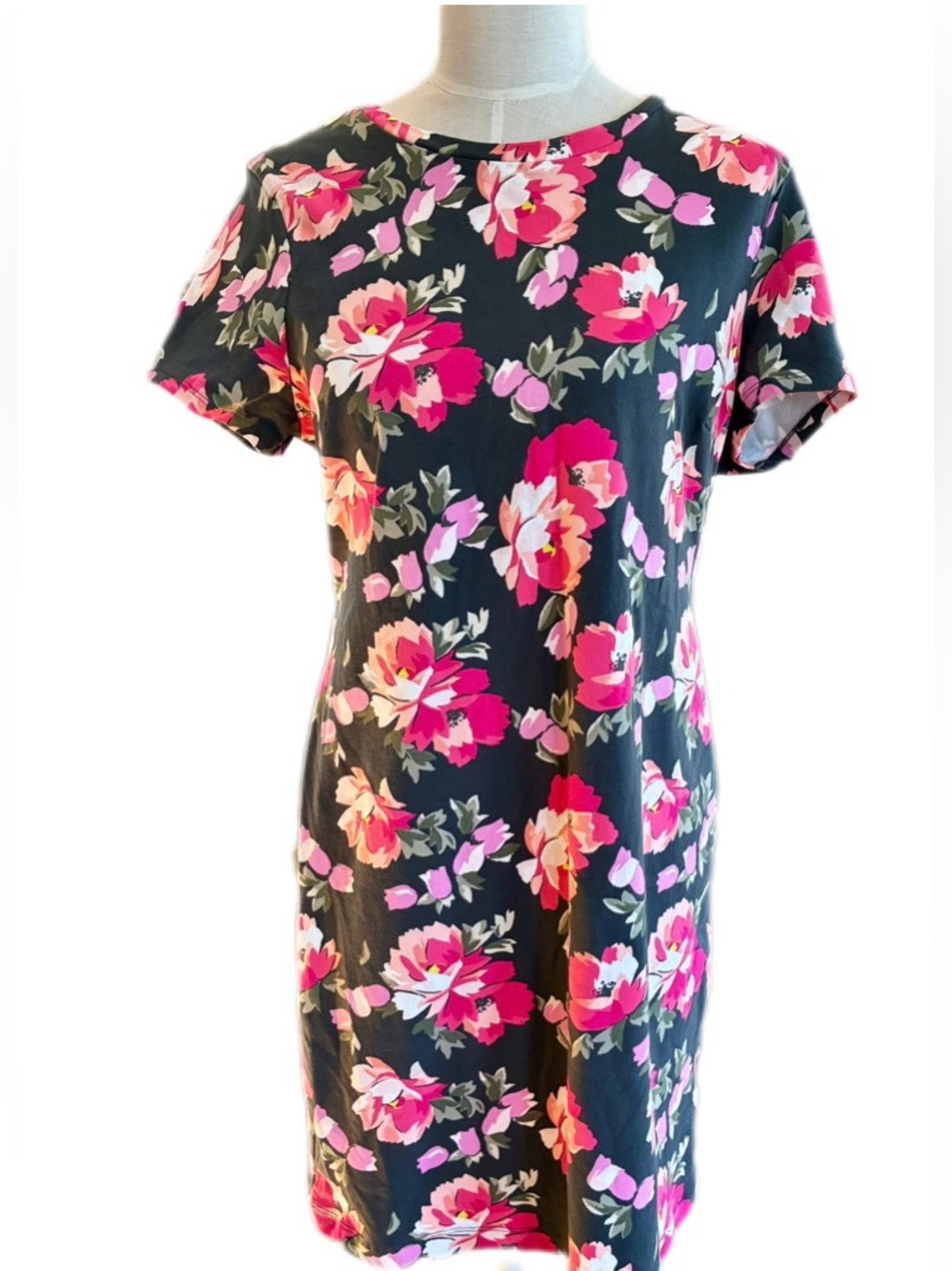 Cotton/Spandex Knit Floral Short-Sleeve Shift Dress - Pink Floral on Black L